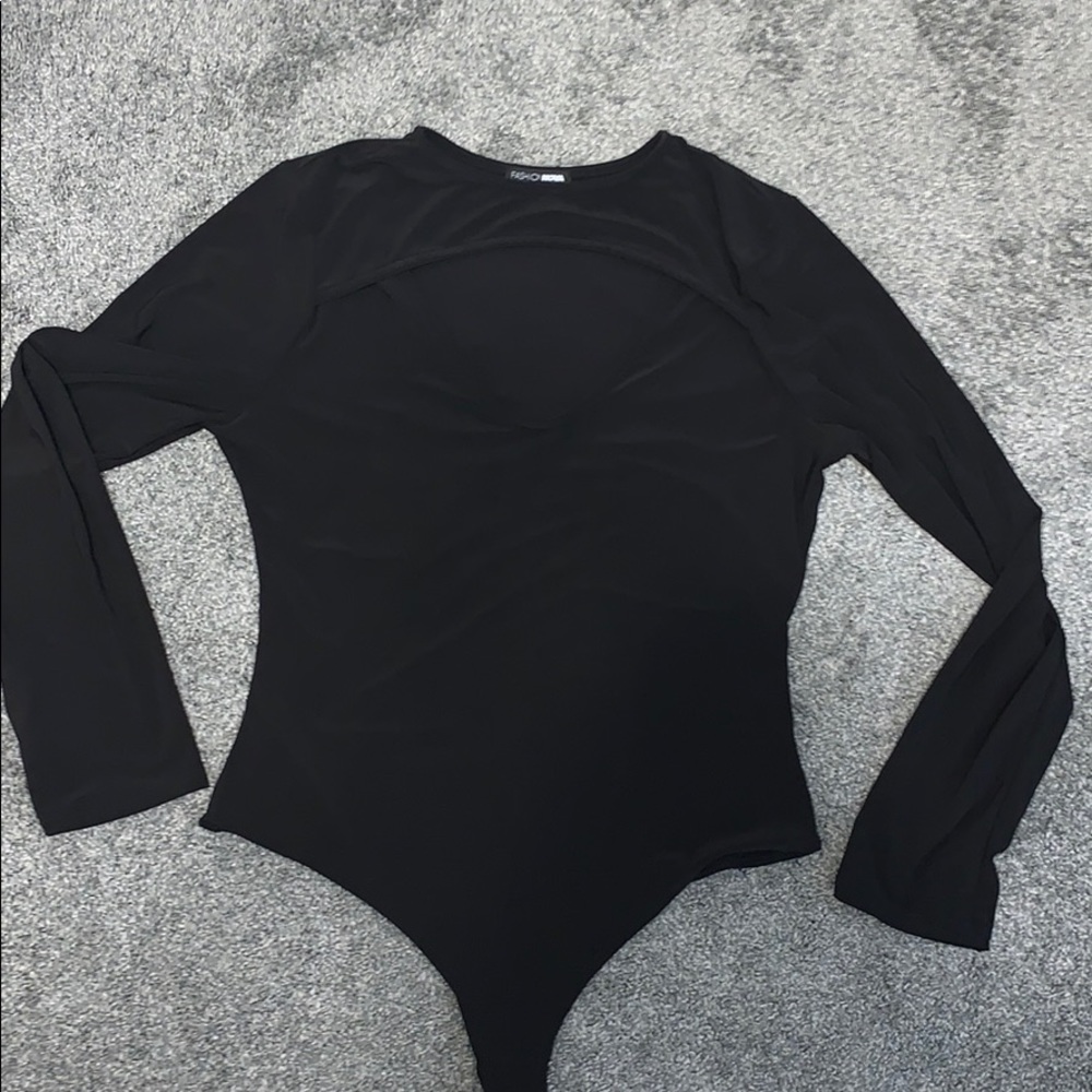 black long sleeve bodysuit with cut out in front